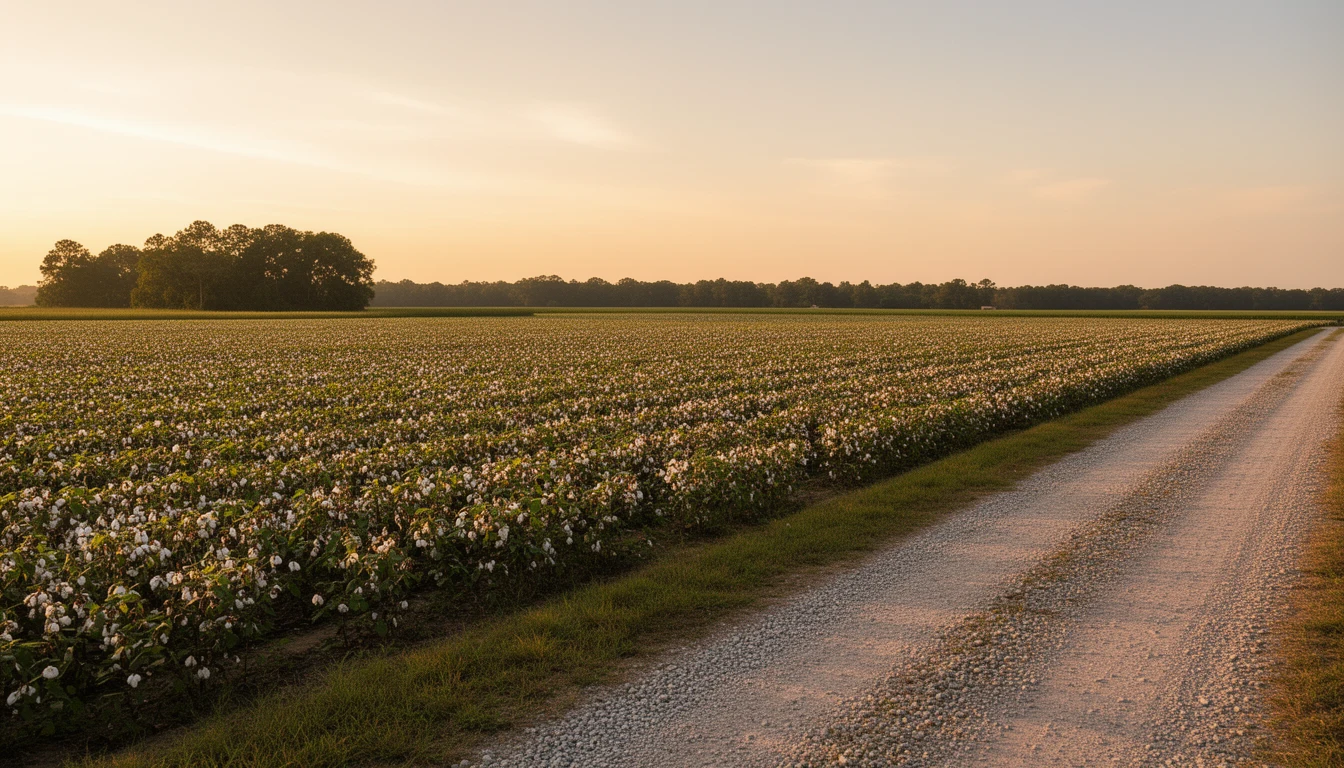 Open farmland in Northampton County with long field rows and tree lines at golden hour