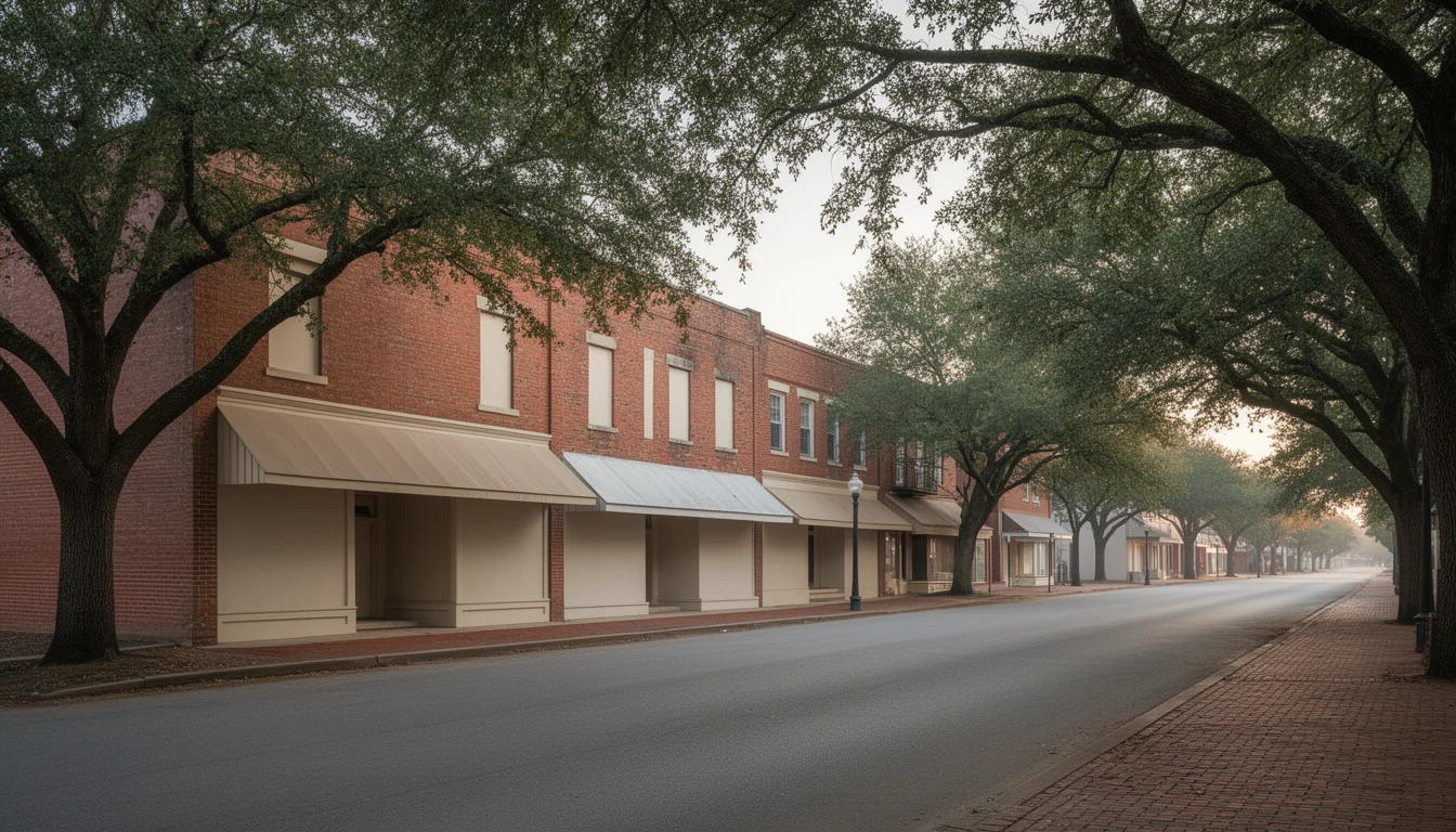 Brick storefronts and arched shade trees along a small-town main street in Northampton County, North Carolina