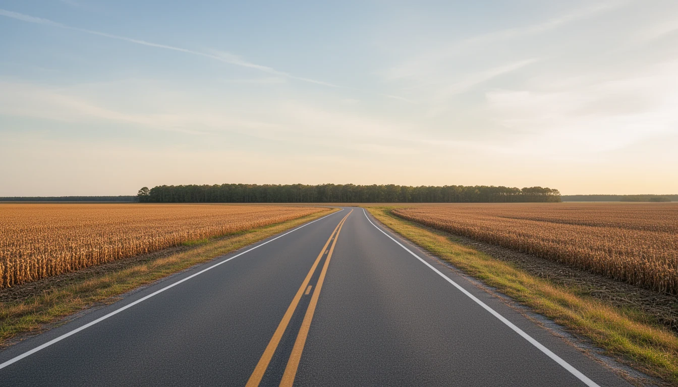 A two-lane rural road running past harvested farm fields and a tree line in Northampton County, North Carolina, at golden hour