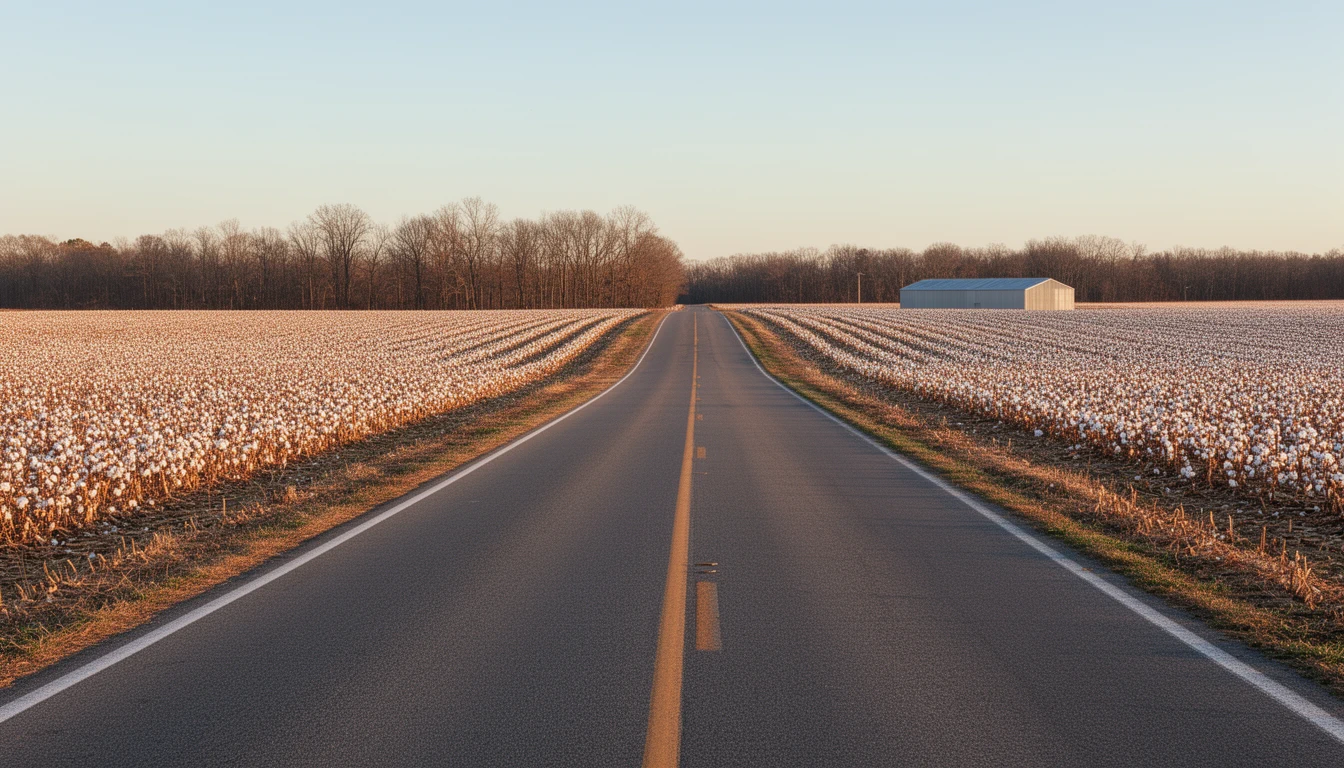 Harvested farm fields and a tree line along NC 305 north of Jackson, North Carolina, under fall light