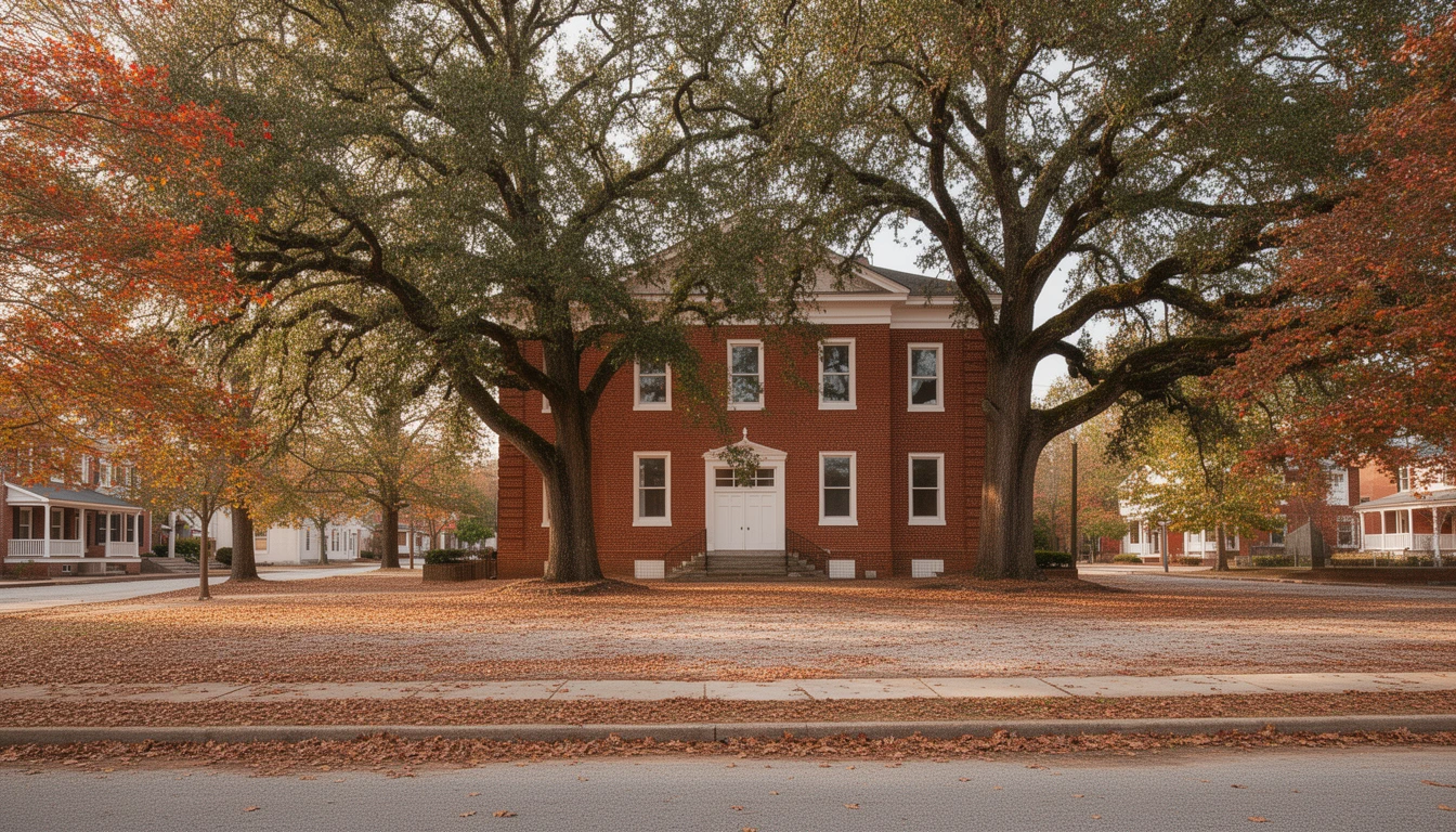 The 1858 brick courthouse behind two live oak trees across a leaf-covered square in Jackson, North Carolina, on a fall afternoon