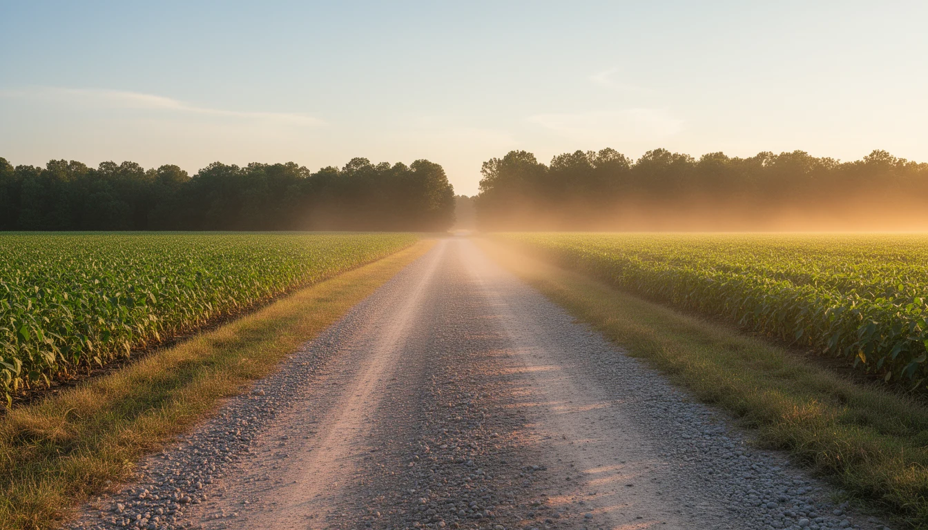 Gravel farm road between soybean fields and tree lines in rural Northampton County