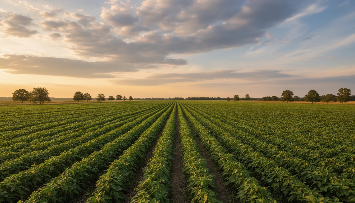 Open farmland in Northampton County with long field rows and tree lines at golden hour