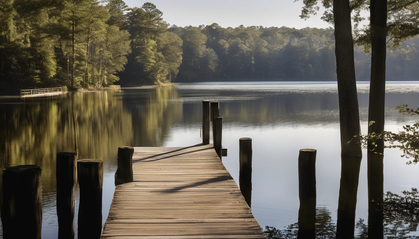 Wooden dock on calm Lake Gaston water near Henrico, Northampton County