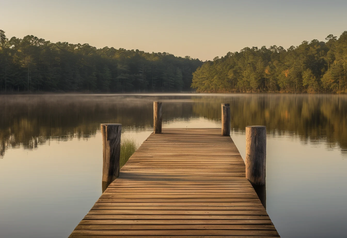 Calm Lake Gaston reservoir water with a wooden dock and wooded shoreline near Henrico, Northampton County