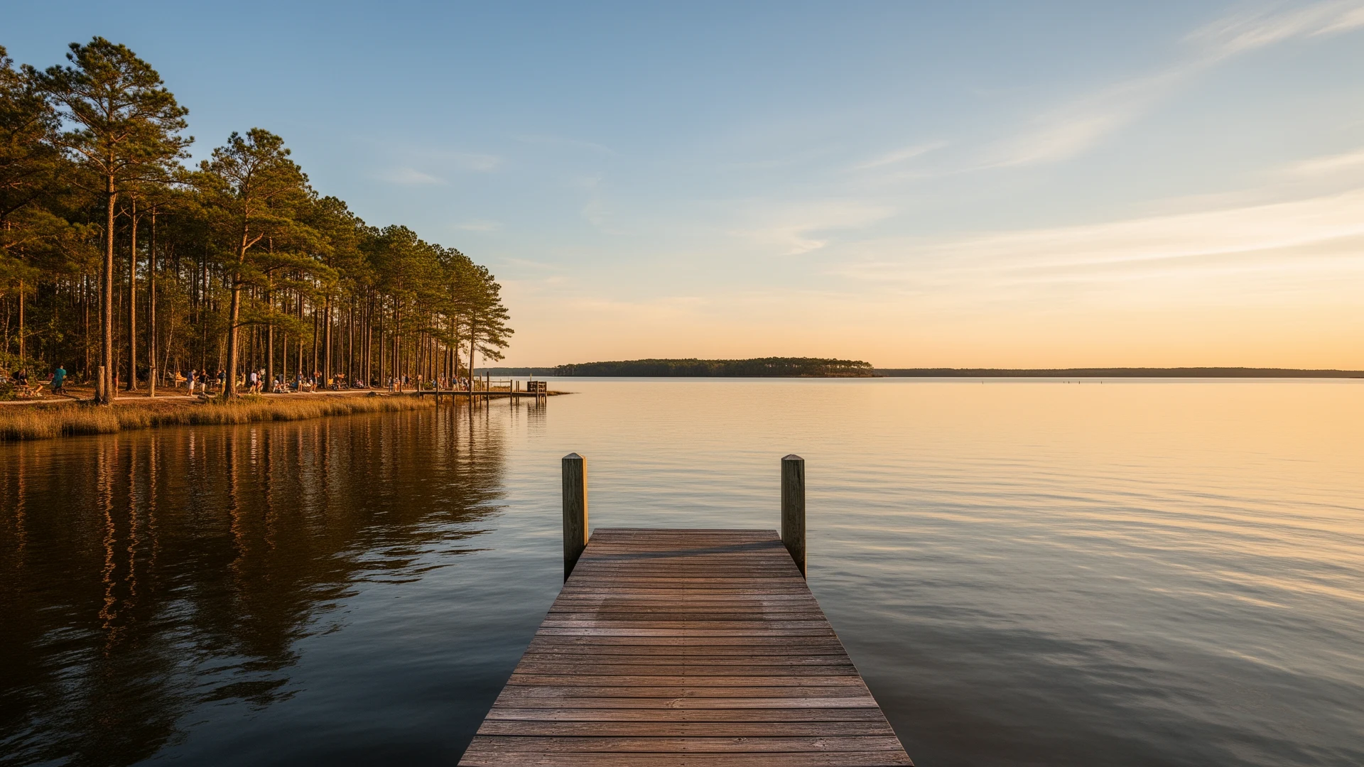 Lake Gaston wide calm water at golden hour in Northampton County with a pine-lined shoreline and a single wooden dock