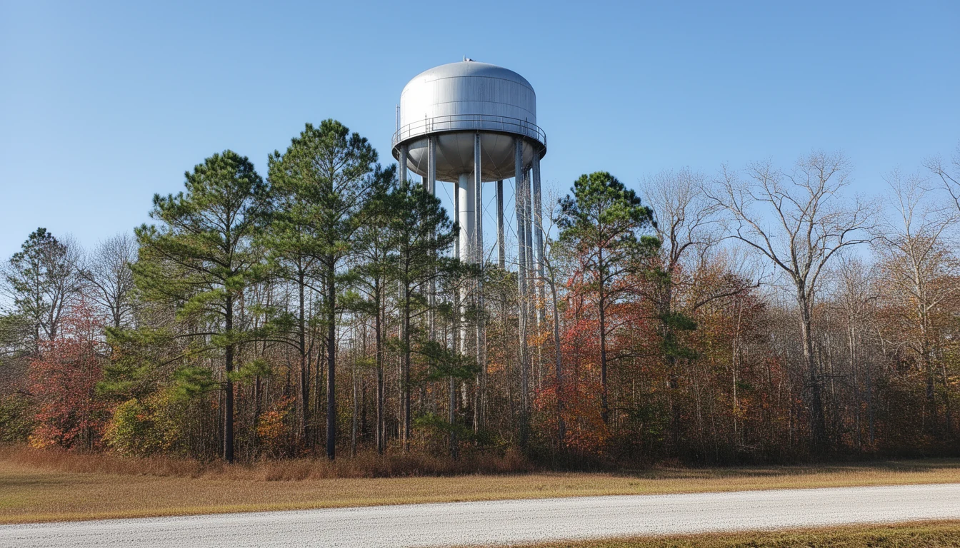 Steel water tower above a stand of pines along a rural county road near Jackson, North Carolina