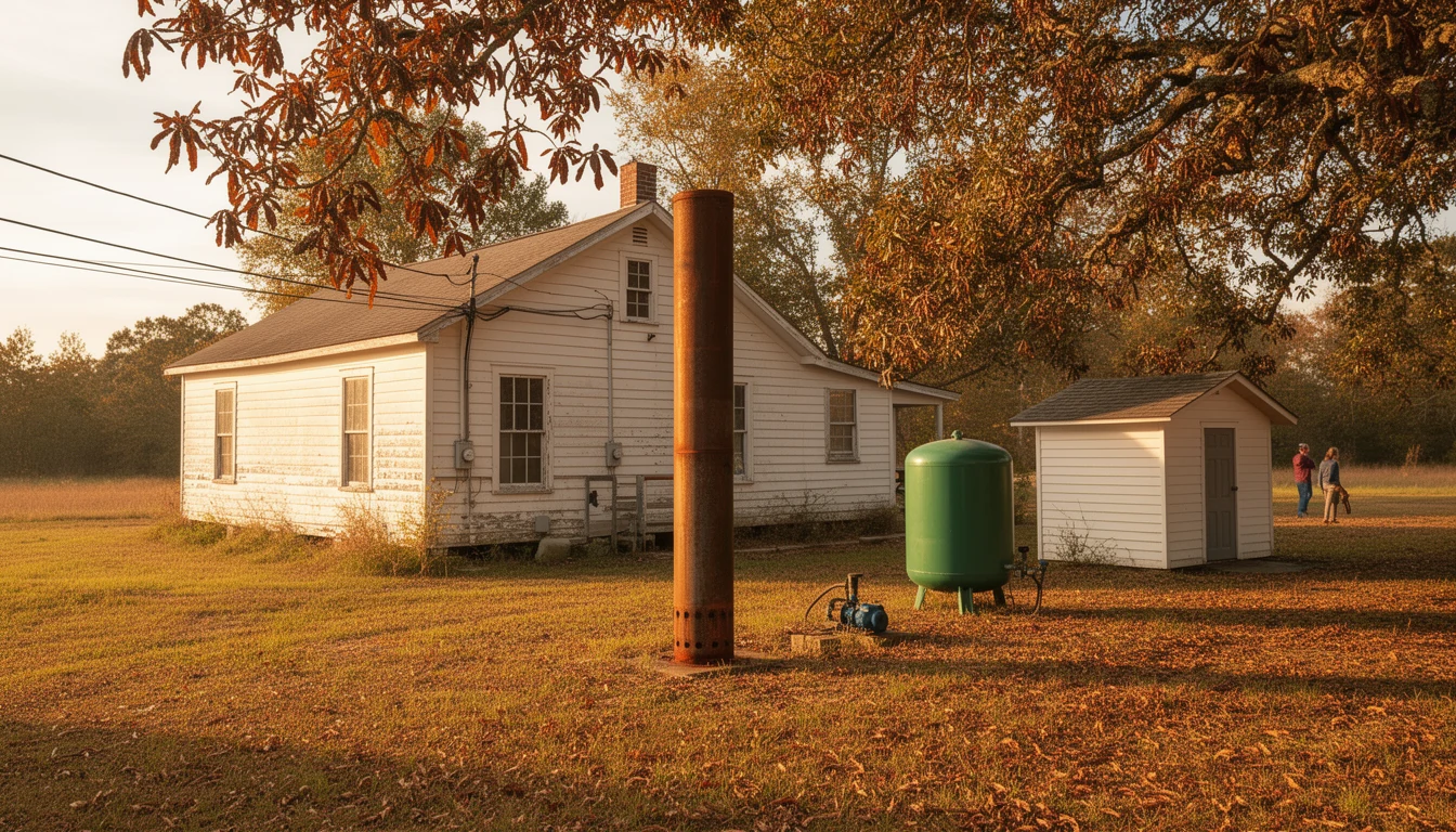 A well casing and pump house beside an older white farmhouse in rural Northampton County, North Carolina
