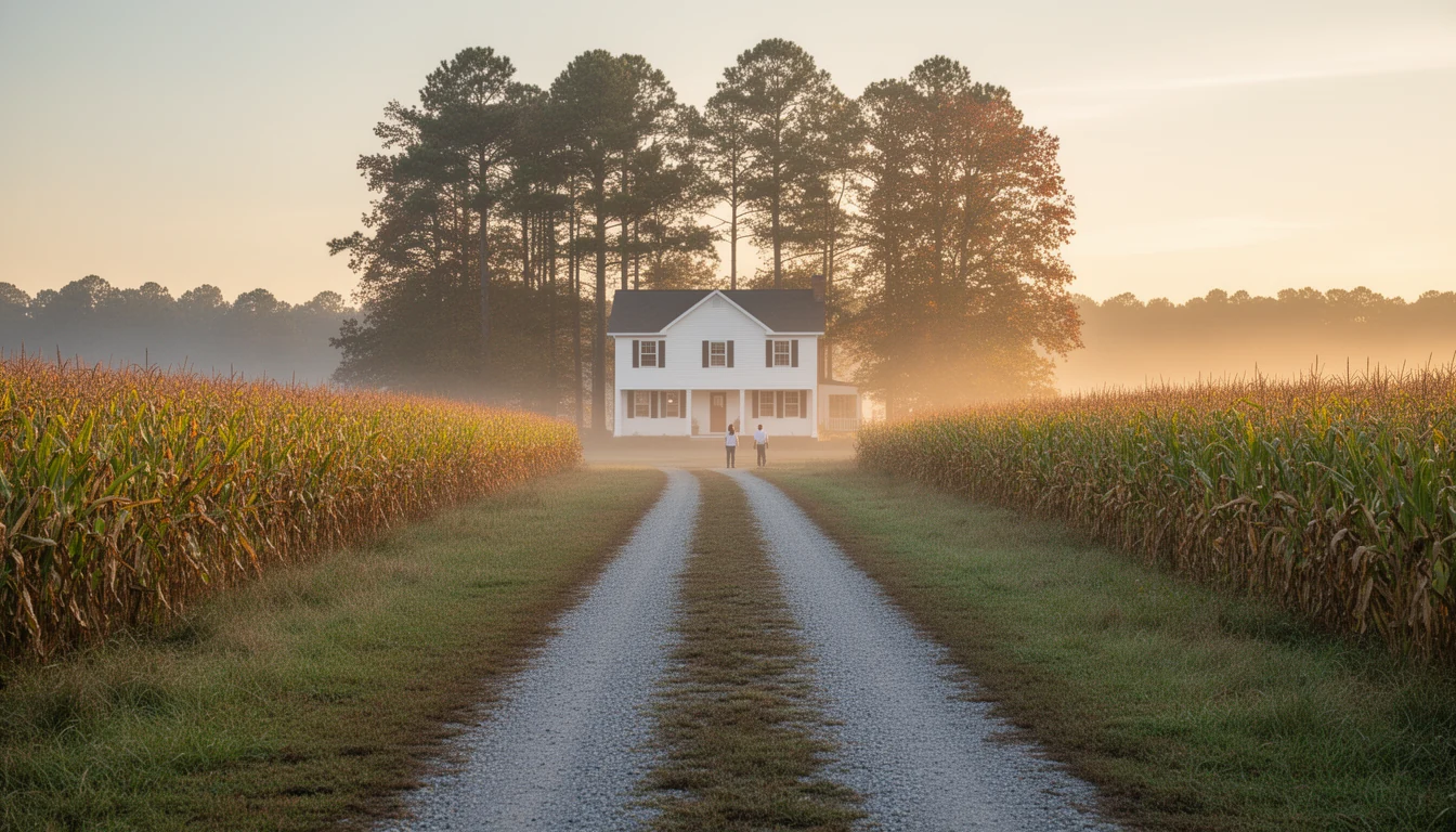 A gravel farm lane between farm fields in rural Northampton County, North Carolina, with a white farmhouse at the end of the lane