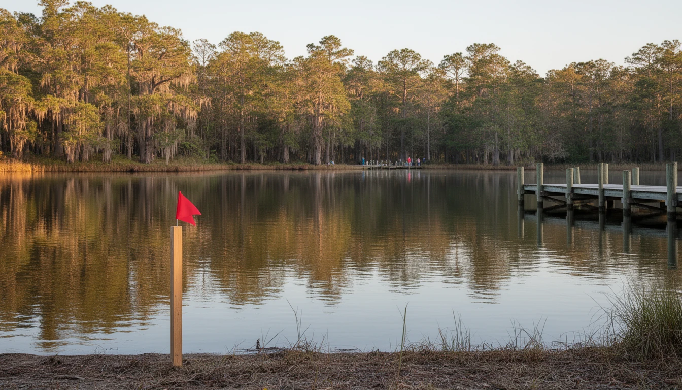 Survey stake with red flag at the water's edge of a calm Lake Gaston cove on the Northampton County north shore, wooden dock and wooded banks behind